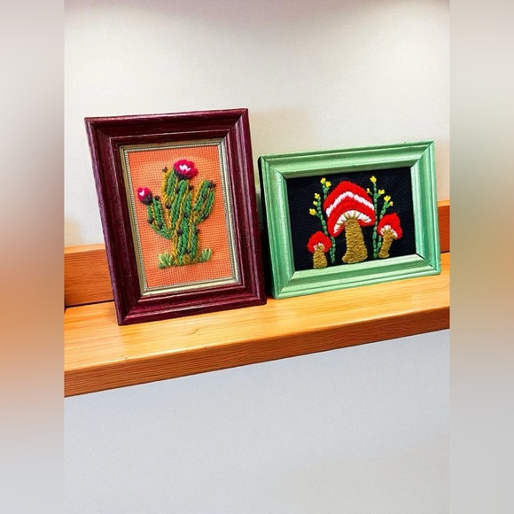 Framed Cactus and Mushroom crewel Embroidery Art repurposed frame - Picture 7 of 10
